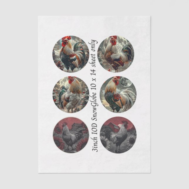 Decoupage 3" Snow Globe Moulds Roosters Red Barn Tissue Paper (Front)