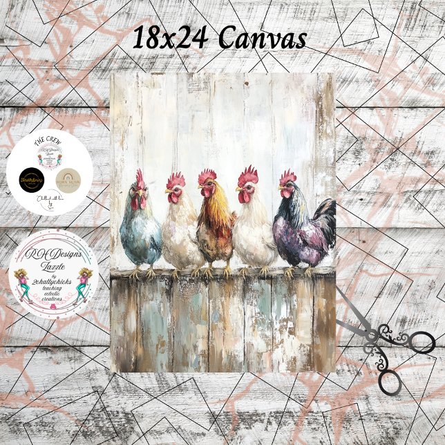 Decoupage 5 Chickens on a Fence 18x24 Canvas Tissue Paper (Creator Uploaded)