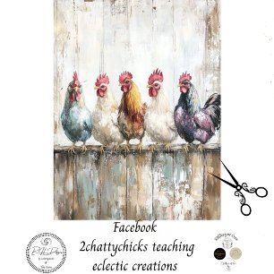 Decoupage 5 Chickens on a Fence 18x24 Canvas Tissue Paper