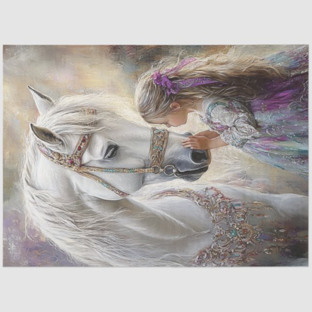Decoupage Adorned White Horse & Jewels Little Girl Tissue Paper (Front)