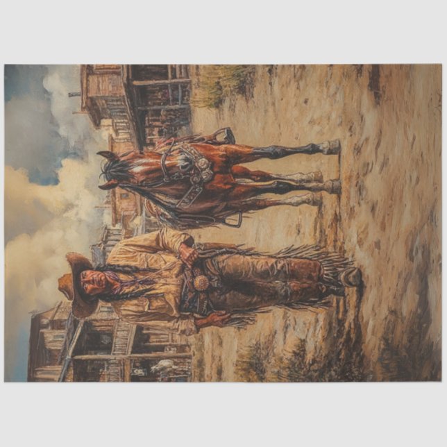 Decoupage American Indian & Horse Western Town  Tissue Paper (Front)