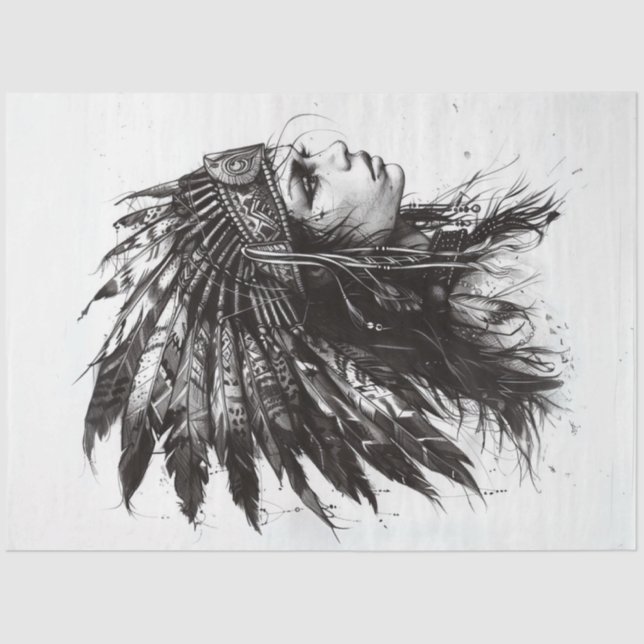 Decoupage American Indian Lady Black White Drawing Tissue Paper (Front)