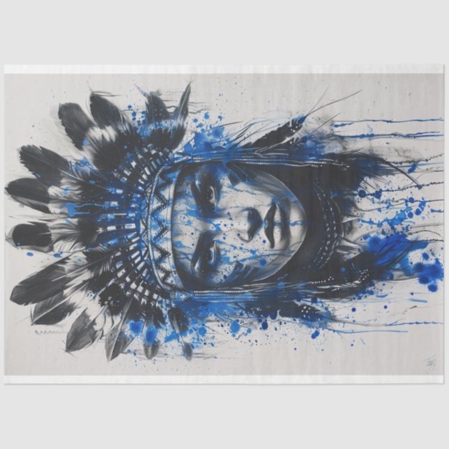 Decoupage American Indian Maiden Blue Feather Art Tissue Paper (Front)
