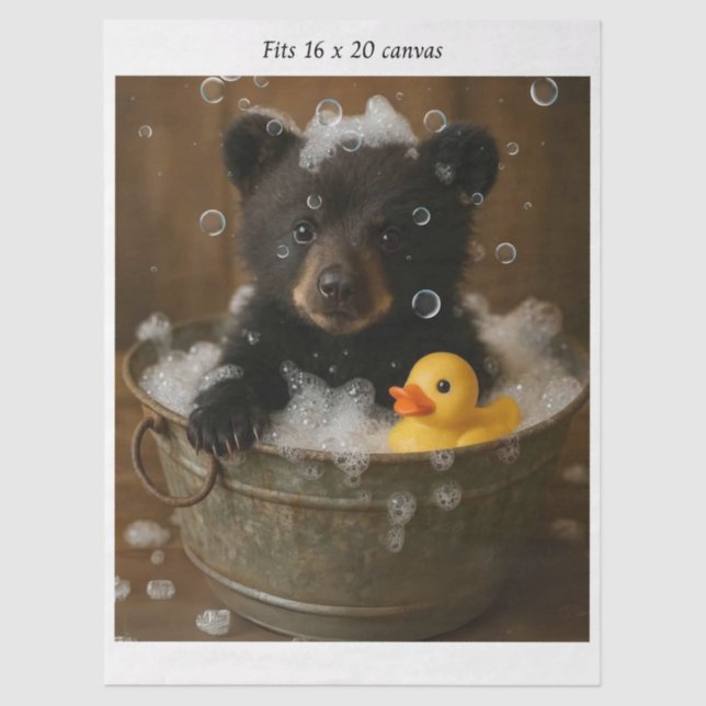 Decoupage Bear Cub Bubble Bath 16x20 Canvas Tissue Paper (Front)