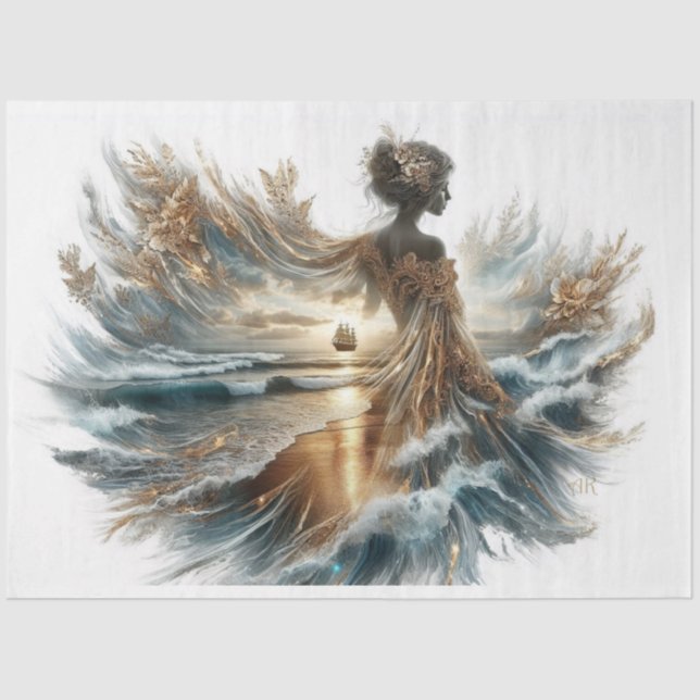 Decoupage Beautiful Lady Ocean Sailing Ship Gown Tissue Paper (Front)