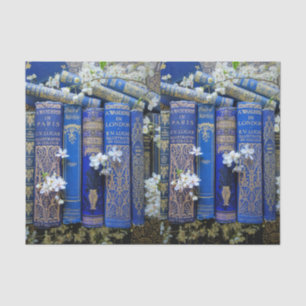 Decoupage Blue Book Spines & Blossoms Tissue Paper