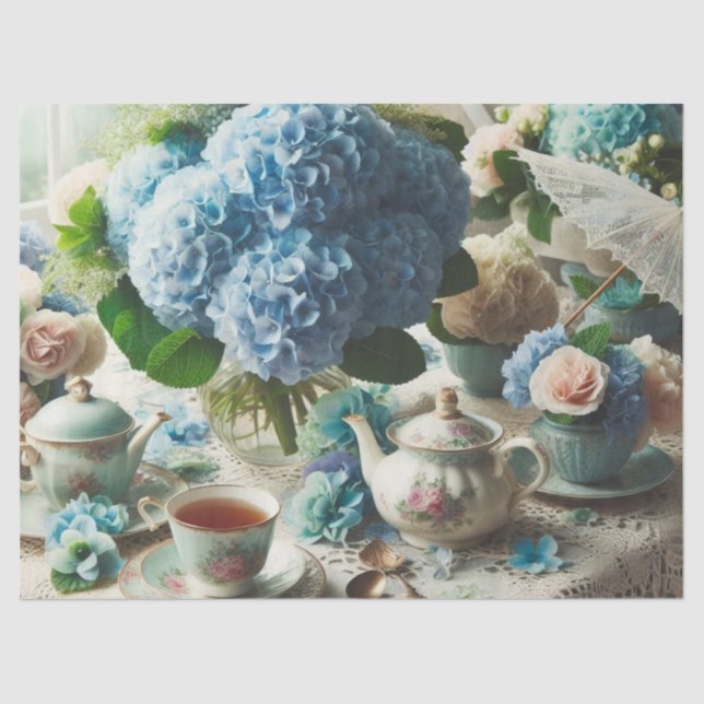 Decoupage Blue Hydrangea and Teapot Tissue Paper (Front)