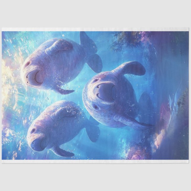 Decoupage Blue Ocean Waters Sad Manatee Family  Tissue Paper (Front)