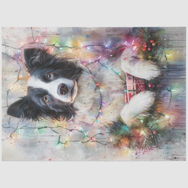 Decoupage Border Collie Colourful Christmas Lights Tissue Paper (Front)