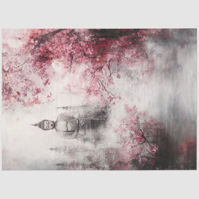 Decoupage Buddha Statue Cherry Blossom Trees Tissue Paper (Front)