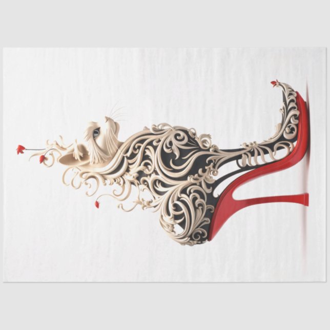 Decoupage Cat Intertwined in Red High Heel  Tissue Paper (Front)