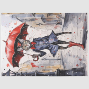 Decoupage Cat with red umbrella waling in the rain Tissue Paper