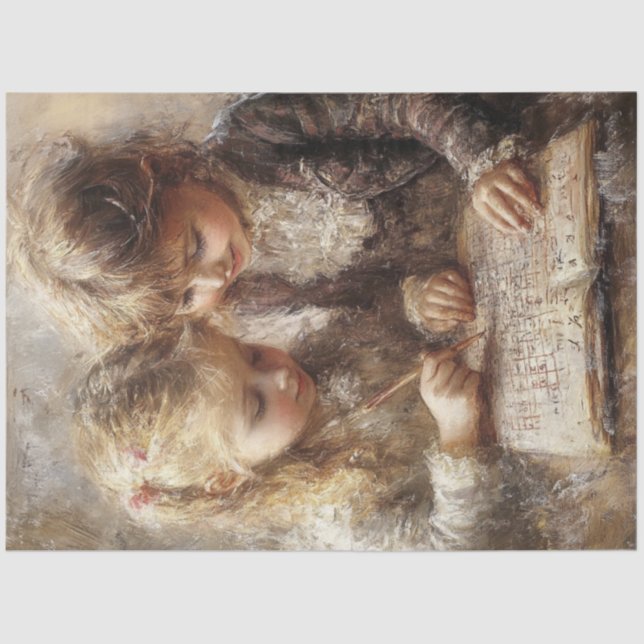 Decoupage Charming Boy Girl Doin Homework  Tissue Paper (Front)