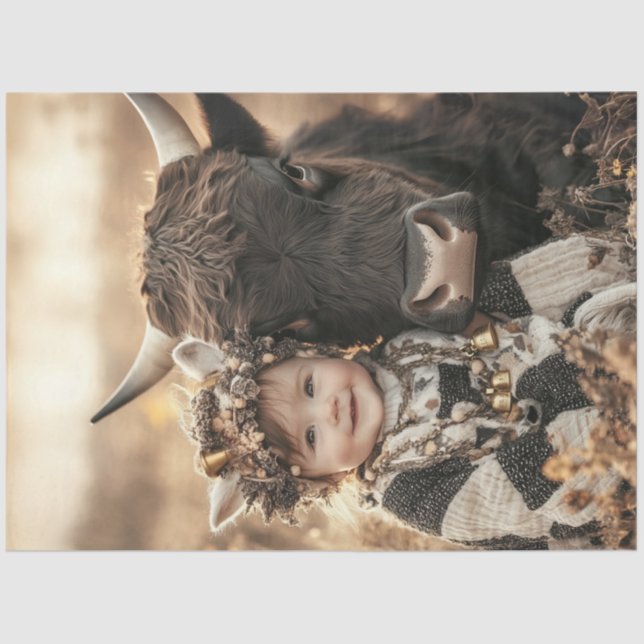 Decoupage Child Highland Cow in Field  Tissue Paper (Front)