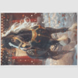 Decoupage Christmas Horse  Tissue Paper<br><div class="desc">Imperial Thunder This striking image features a black horse with a distinctive white blaze on its forehead, adorned with elaborate red and gold tack that hints at traditional Christmas decorations. The horse is captured in mid-gallop through a courtyard with grey paving, surrounded by red buildings with multi-tiered roofs, characteristic of...</div>