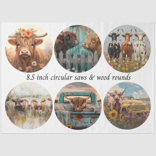Decoupage Circular Saw Highland Cows 8.5" Rounds Tissue Paper (Front)
