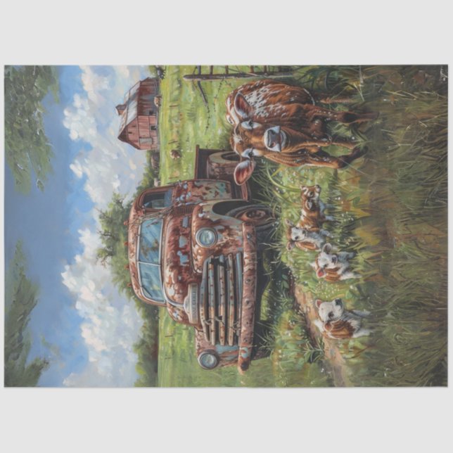 Decoupage Country Charm Farm Truck Cows Tissue Paper (Front)