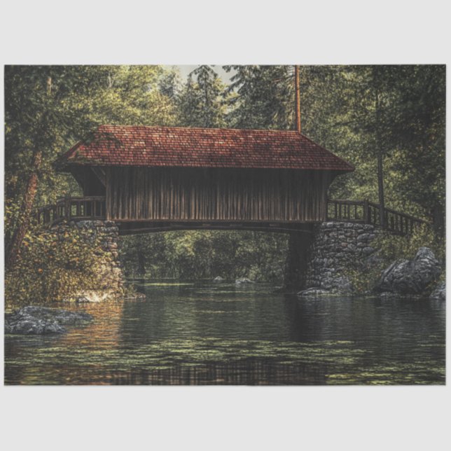 Decoupage Covered Bridge Dense Forest Tissue Paper (Front)