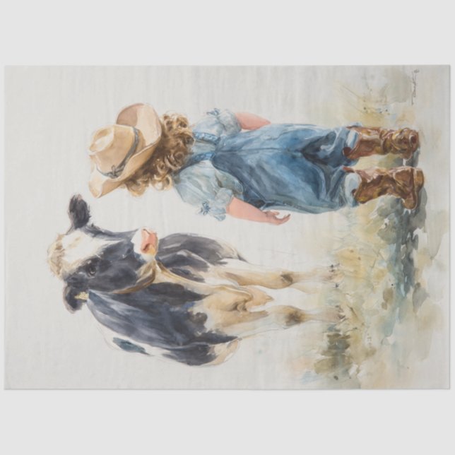 Decoupage Cow & Lil Girl Talking in Field  Tissue Paper (Front)