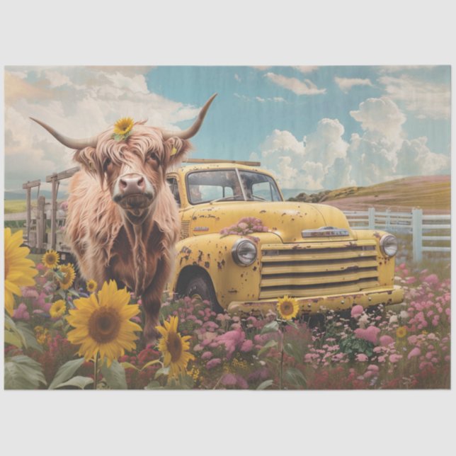Decoupage Cow Vintage Truck Sunflowers  Tissue Paper (Front)