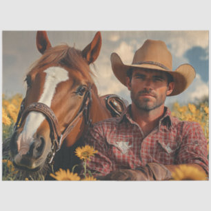 Decoupage Cowboy Country Scene Resting with Horse  Tissue Paper