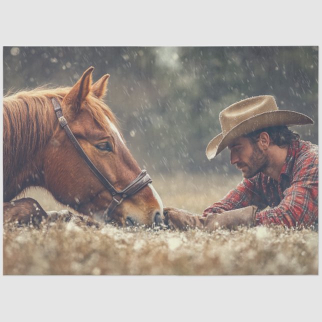 Decoupage Cowboy & Horse On Ground Nose to Nose Tissue Paper (Front)