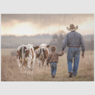 Decoupage Cowboy & Son Hand n Hand With Cattle  Tissue Paper