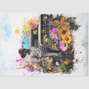 Decoupage Cowboy Yellow Truck Field Flowers Tissue Paper