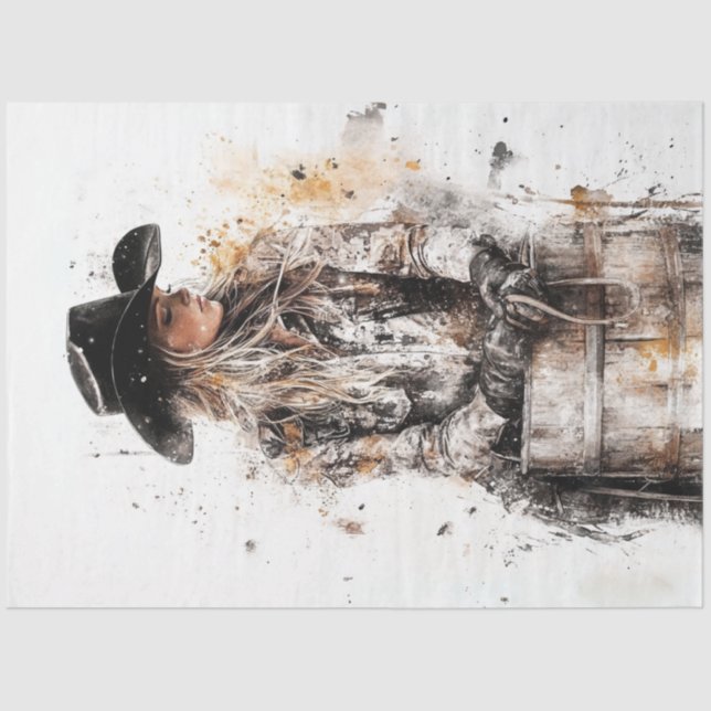 Decoupage Cowgirl Barrel Racer in Front of Barrel  Tissue Paper (Front)