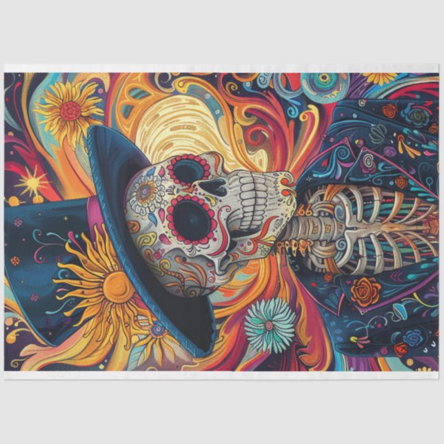 Decoupage Day of Dead Skeleton Vibrant Coloured  Tissue Paper (Front)
