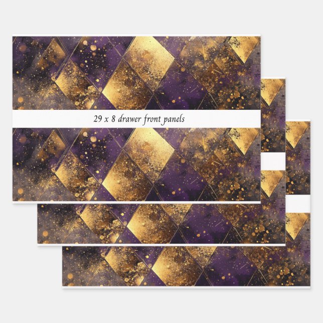 Decoupage Drawer Panel Luxe Diamond Purple Gold Wrapping Paper Sheet (Set)