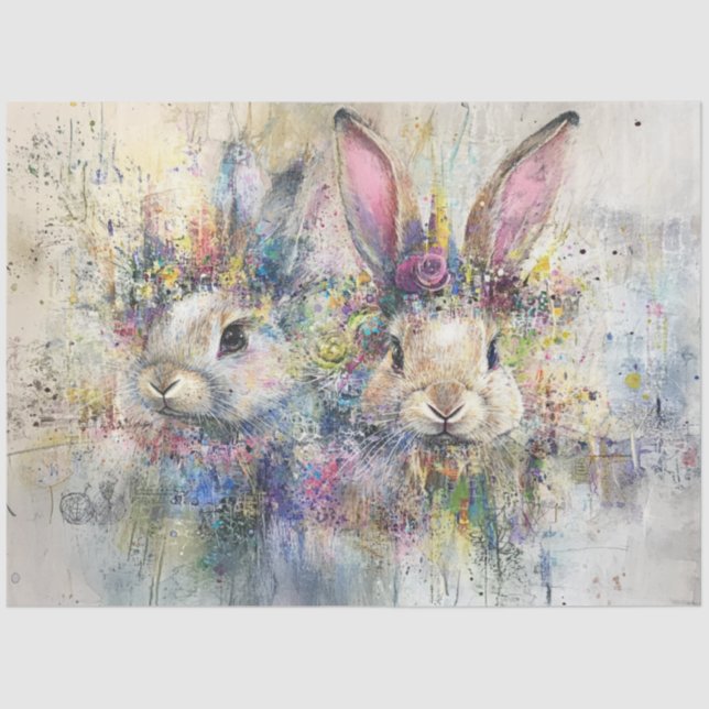 Decoupage Easter Bunnies Art Abstract Panel  Tissue Paper (Front)