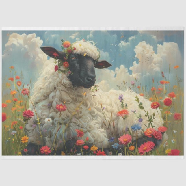 Decoupage Easter Flowers Black Faced Sheep Field Tissue Paper (Front)