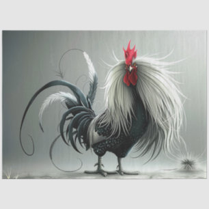 Decoupage Elaborate Rooster Long White Feathers  Tissue Paper