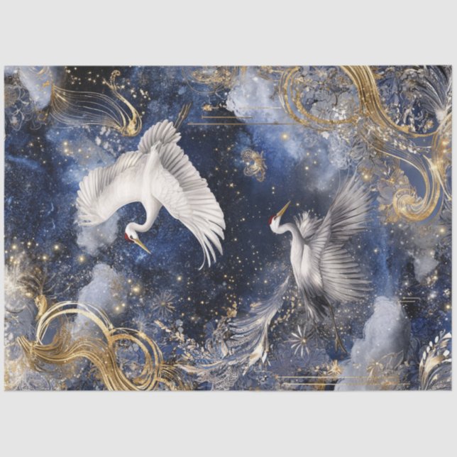 Decoupage Elegant Cranes in Flight Blue Gold Sky  Tissue Paper (Front)