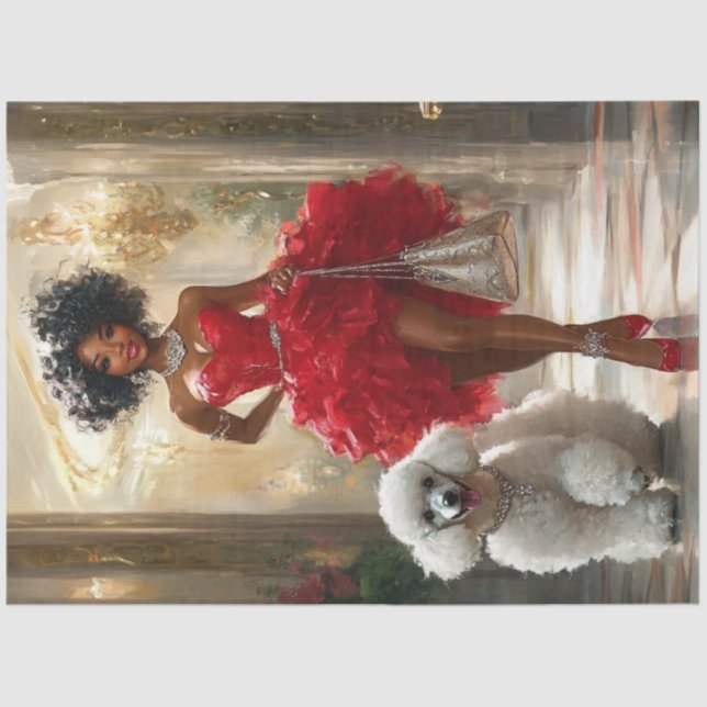 Decoupage Elegant Lady Red Dress & Standard Poodle Tissue Paper (Front)
