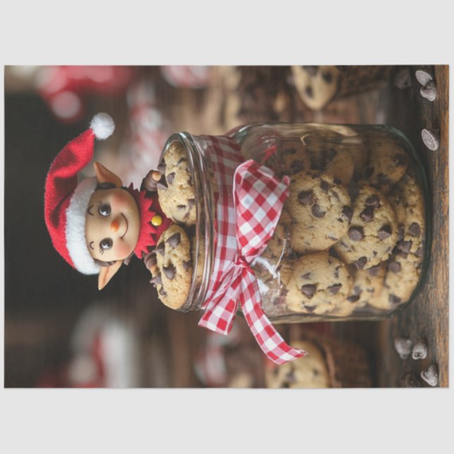 Decoupage Elf Atop a Chocolate Cookie Jar Tissue Paper (Front)