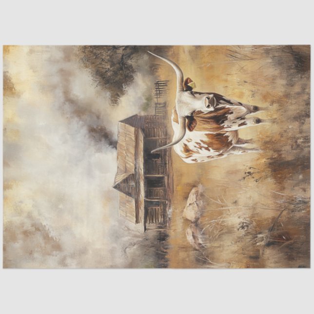 Decoupage Farm Longhorn Field Country Roads Tissue Paper (Front)