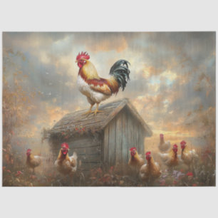 Decoupage Farm Rooster on Shed Vibrant Plumage Tissue Paper