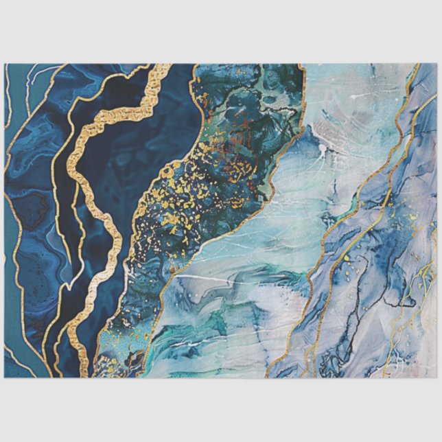 Decoupage Faux Finish Marble Effect Blue Gold  Tissue Paper (Front)