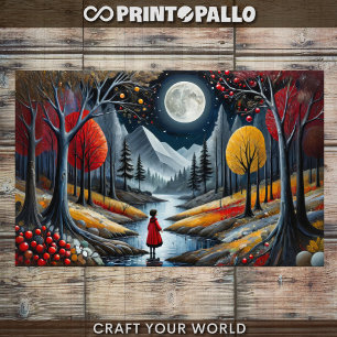 Decoupage - Girl in red and Autumn moon landscape Tissue Paper