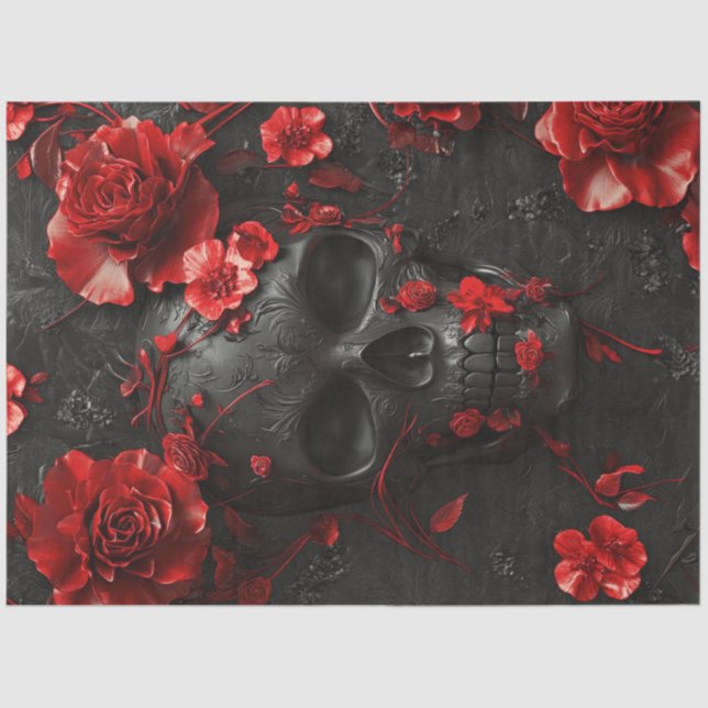 Decoupage Gothic Black Marble Skeleton Red Roses Tissue Paper (Front)