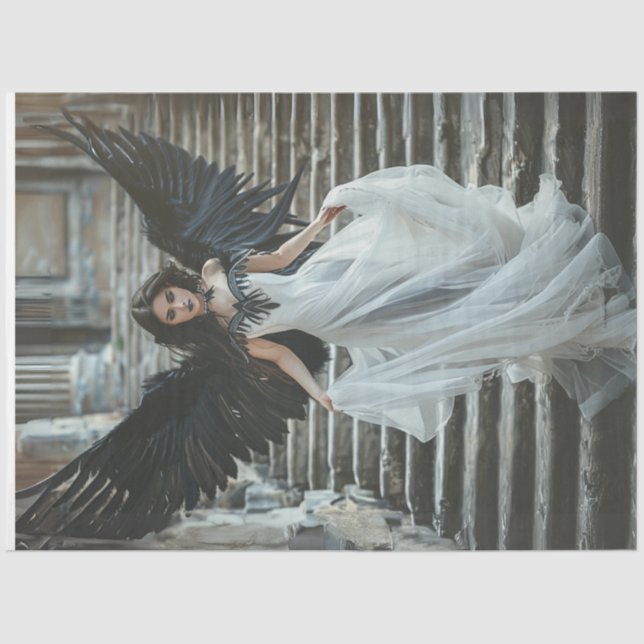 Decoupage Gothic Good Angel White Dress Black Wing Tissue Paper (Front)