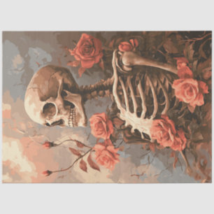 Decoupage Gothic Skeleton Surrounded Peach Roses Tissue Paper