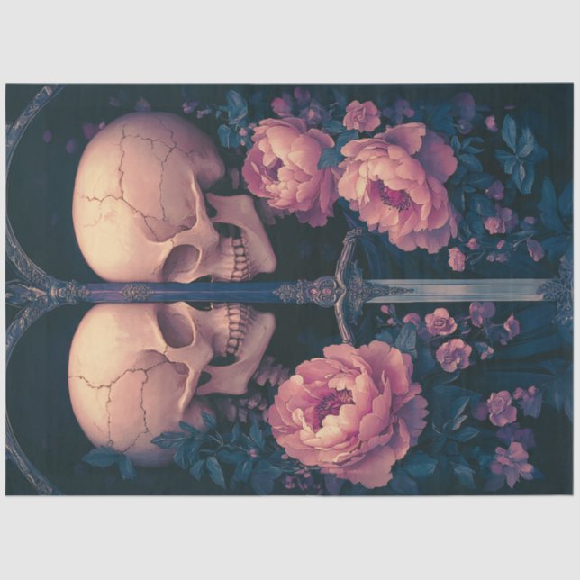 Decoupage Gothic Skeletons Sword Peach Flowers  Tissue Paper (Front)