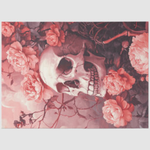 Decoupage Gothic Skull Surrounded & Peach Flowers Tissue Paper