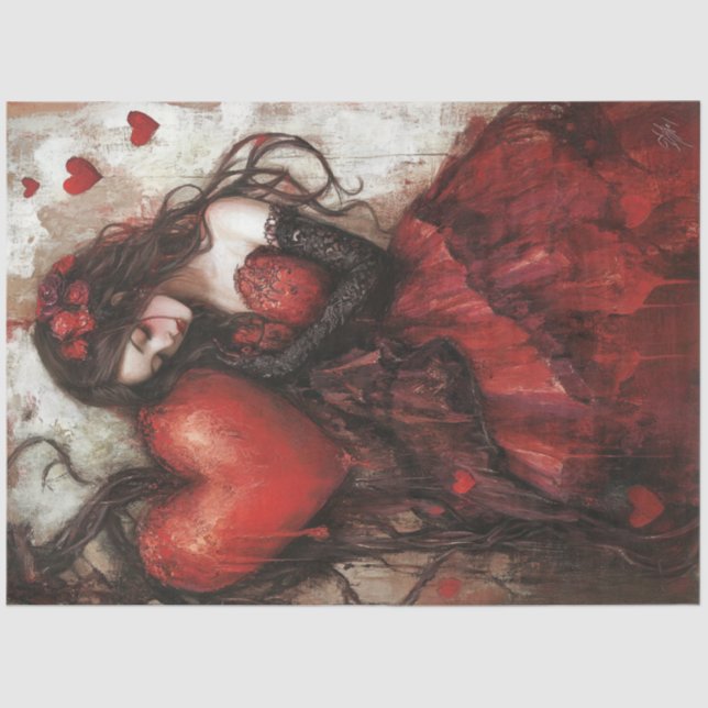 Decoupage Gothic Woman Red Dress Valentine Heart Tissue Paper (Front)