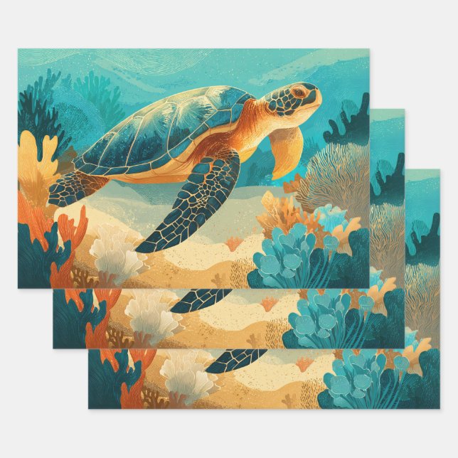 Decoupage Graphic Sea Turtle Wrapping Paper Sheet (Set)
