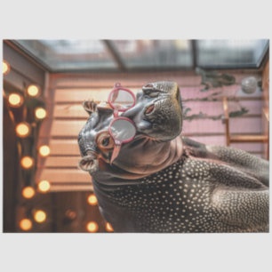 Decoupage Grey Hippo With Large Pink Glasses Tissue Paper