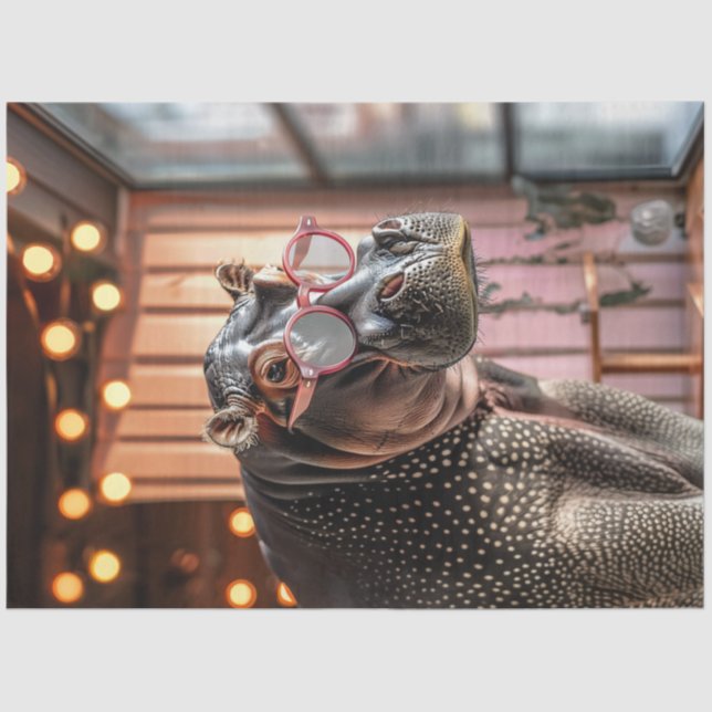 Decoupage Grey Hippo With Large Pink Glasses Tissue Paper (Front)